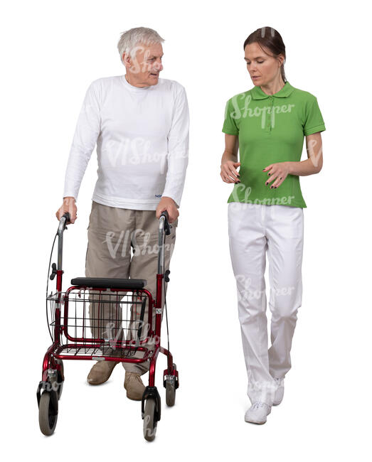 elderly man with a walking frame talking to a medical worker