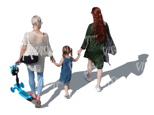 two women and a little girl walking hand in hand seen from above