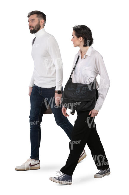 man and woman in black and white walking