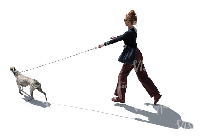 backlit woman running after a dog