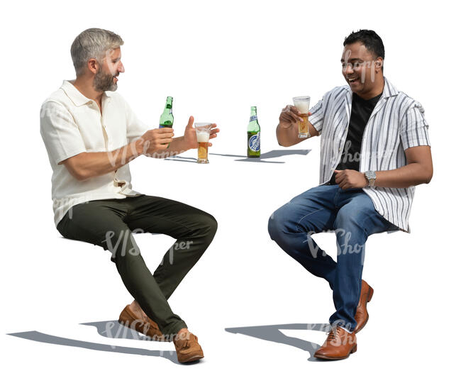 two men sitting happily in a cafe and drinking beer