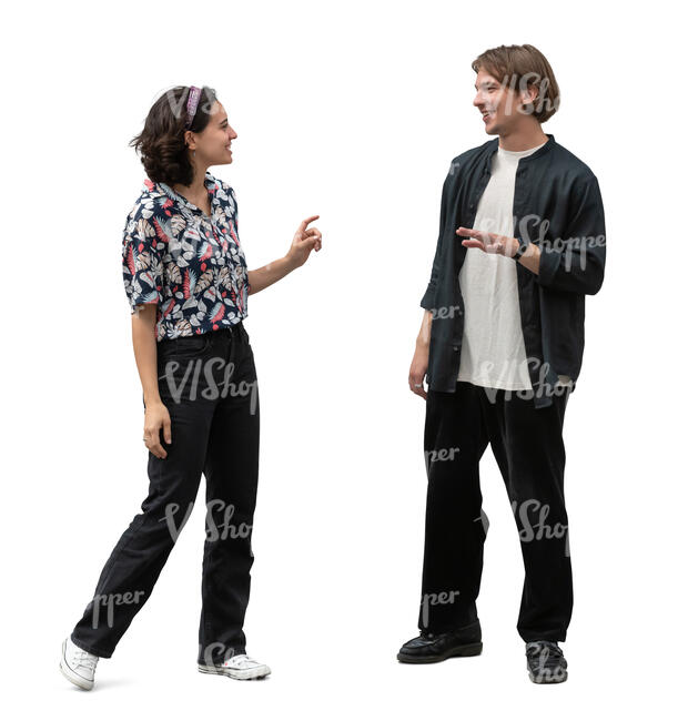 man and woman standing and talking happily