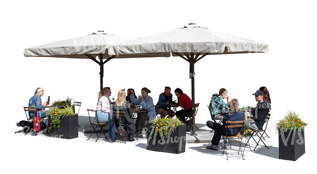 street cafe with parasols and people sitting and talking