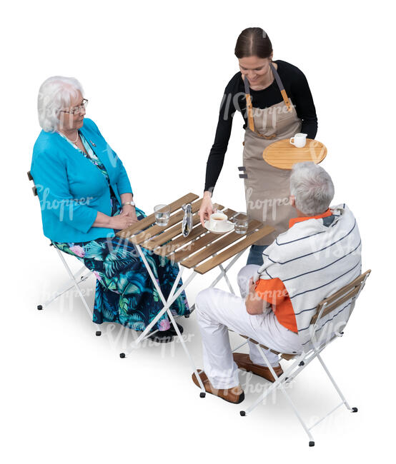 two older people sitting in a cafe and waitress bringing them coffee