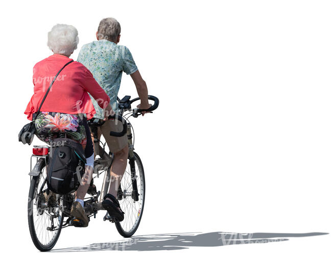 elderly couple riding a tandem bike