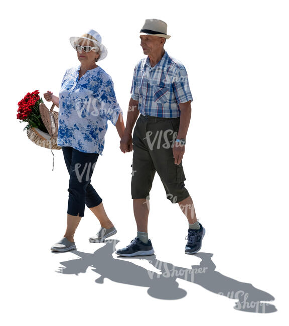 backlit elderly couple walking hand in hand