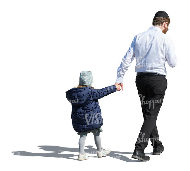 man walking and holding his daughter by hand