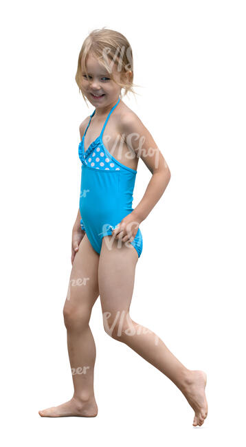 little girl in a bathing suit walking