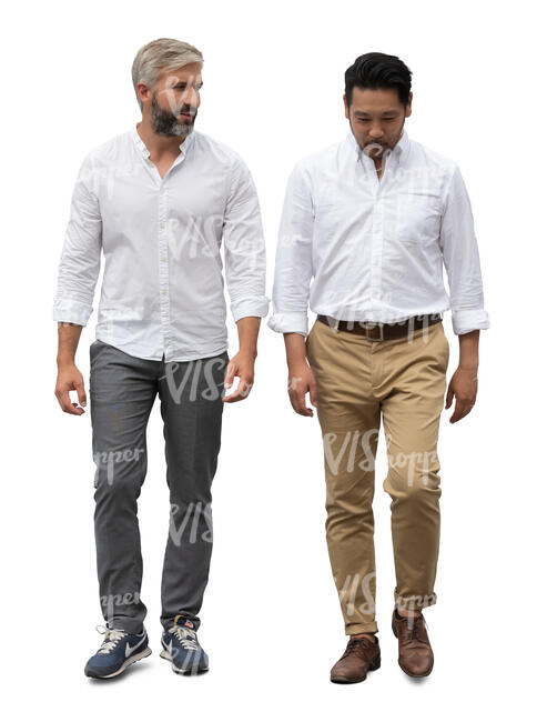 two men in white shirts walking