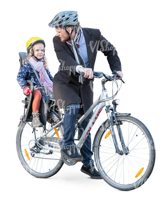 man riding a back with his daughter sitting in a kids seat