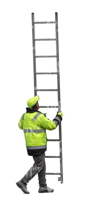 worker putting up a ladder