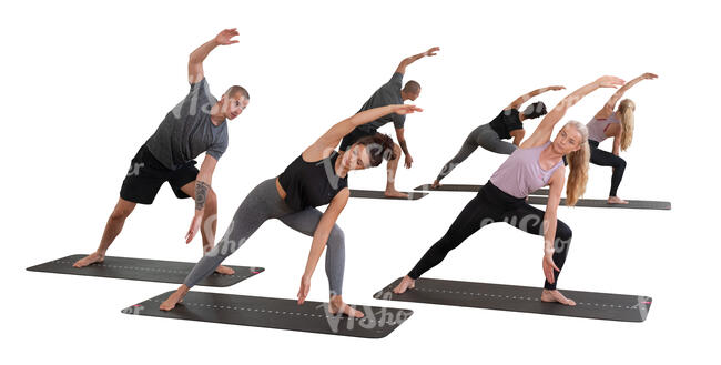 three people doing yoga exercises in front of the mirror