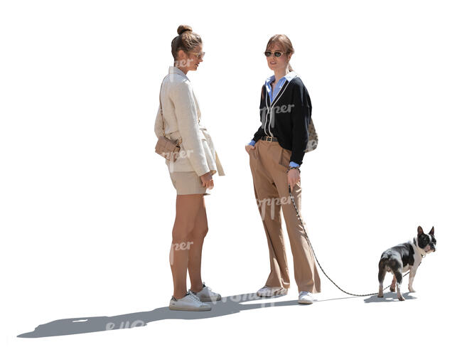 two backlit women and a dog standing and talking