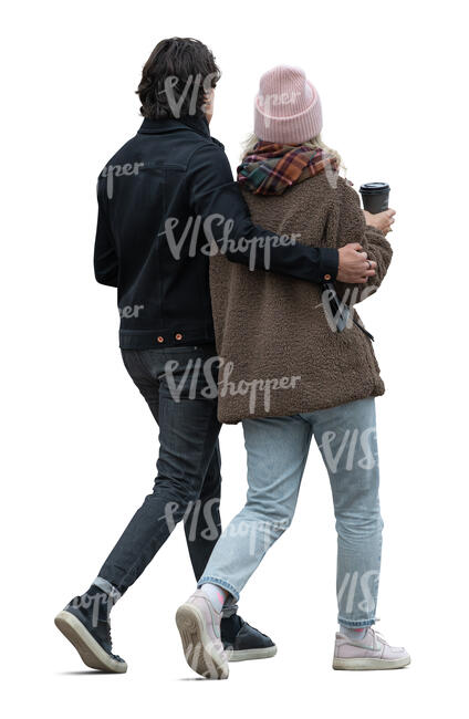 couple in winter walking and drinking coffee
