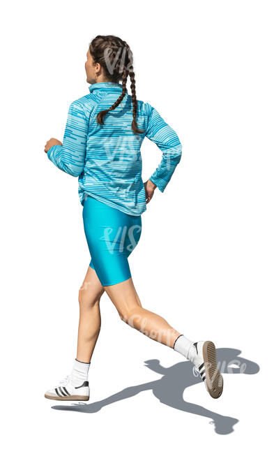 woman in blue workout clothes jogging