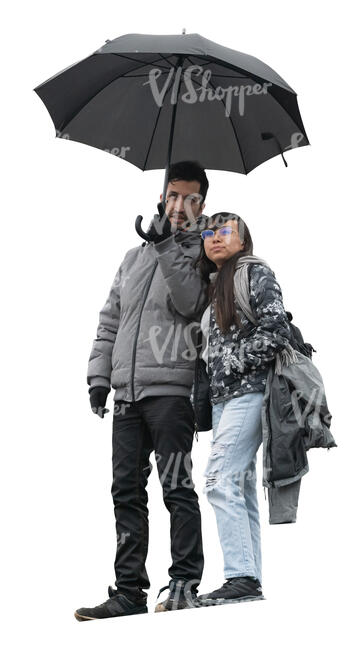 man and woman with an umbrella standing seen from below