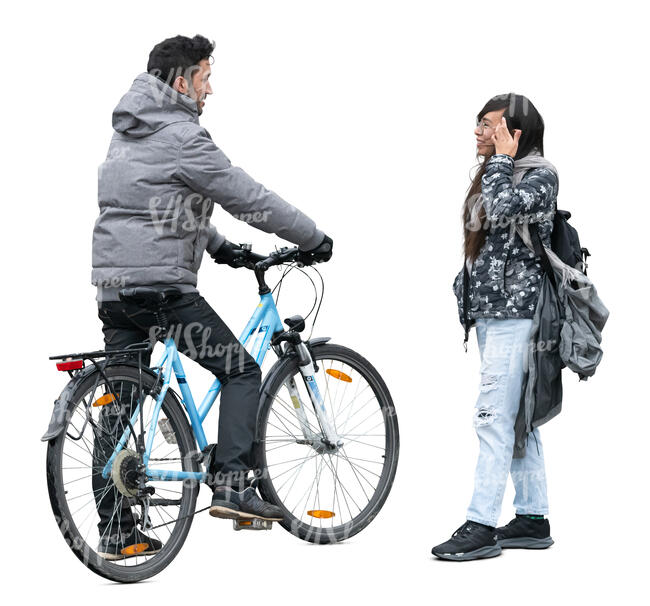 man with a bike talking to his girlfriend