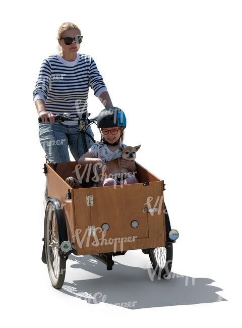 woman riding a cargo bike and her daughter sitting in the box with her dog