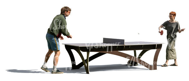 man and woman playing table tennis outside