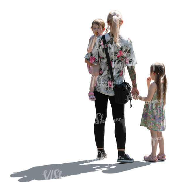cut out backlit woman with two daughters standing
