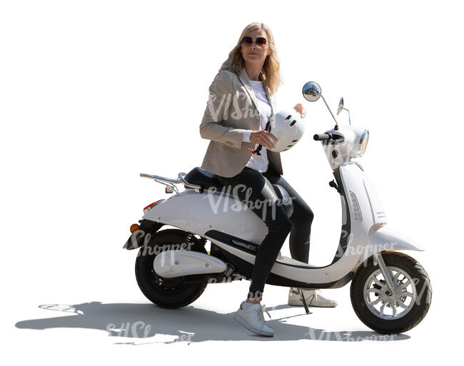 backlit woman sitting on a white electric motor scooter