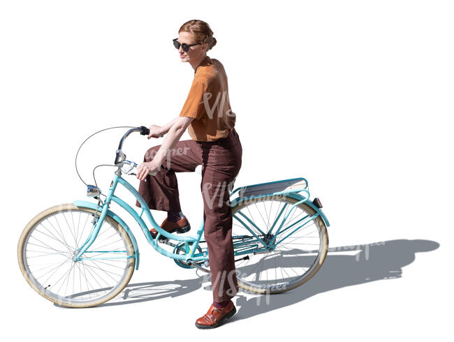 top view of a woman with a blue bike standing