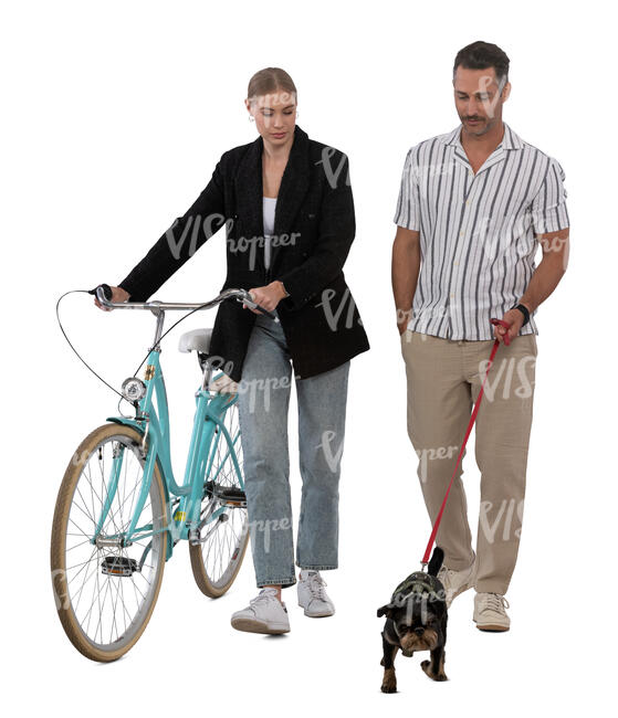 man and woman with a bike and dog walking