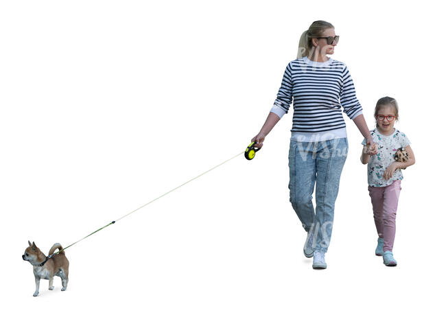 mother and daughter and a little dog walking
