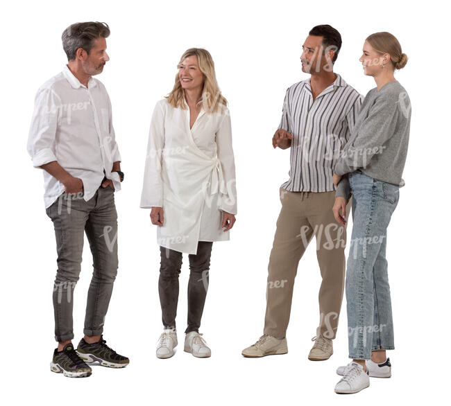 group of four friends standing and talking