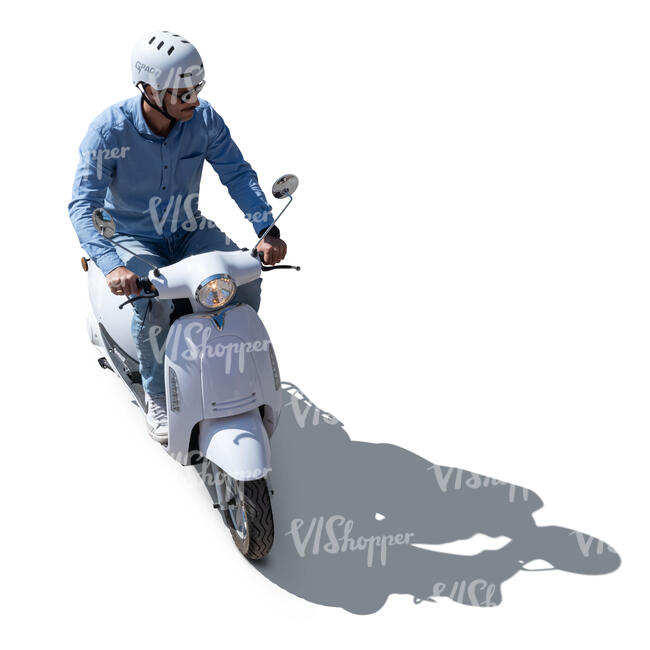 backlit top view image of a man riding a motor scooter