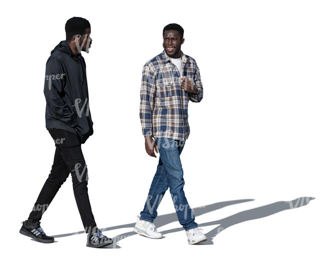 two black men walking and talking