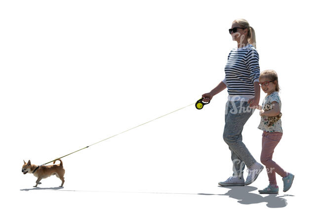 backlit mother and daughter walking hand in hand and walking a dog