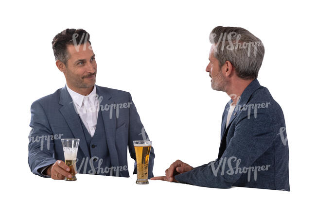 two cut out businessmen standing at the bar counter and drinking beer