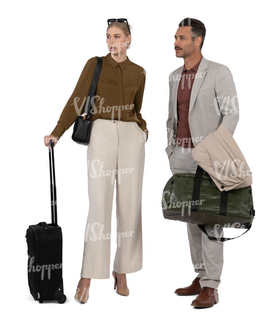 elegant man and woman travelling with suitcases