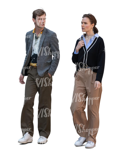 two cut out people walking and having a conversation
