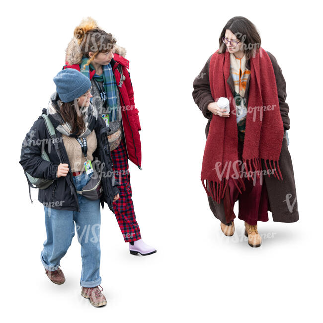 top view of a group of women walking and drinking coffee