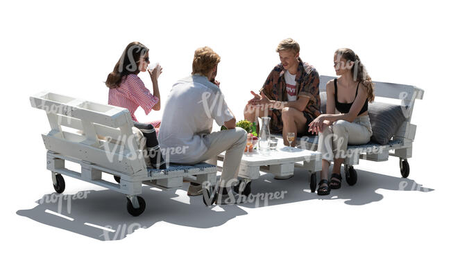 cut out backlit scene of friends sitting in a hipster cafe