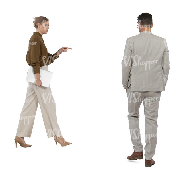 cut out woman and man in a modern office walking