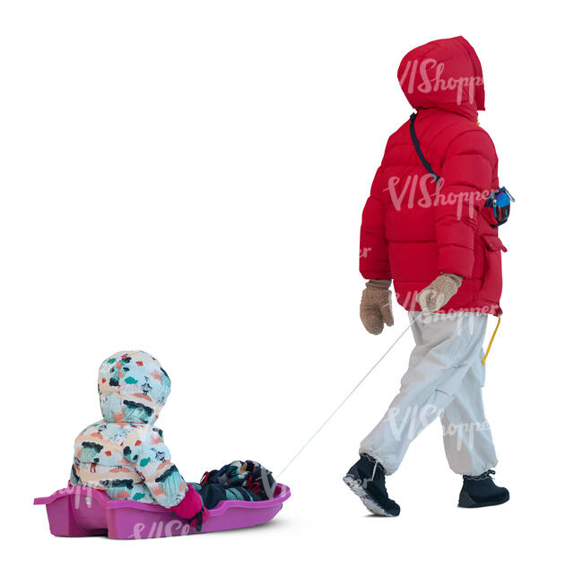woman pulling a sledge with her child
