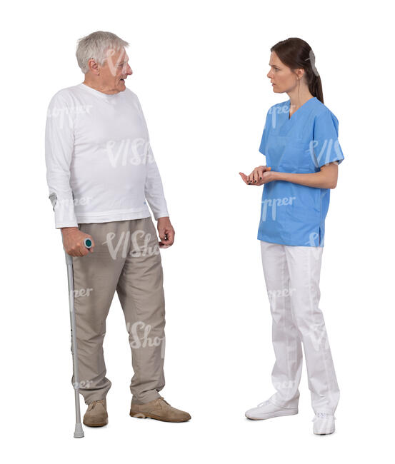 nurse talking to an elderly man with a walking stick