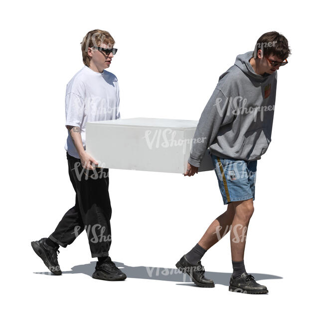 two cut out young men carrying a large box