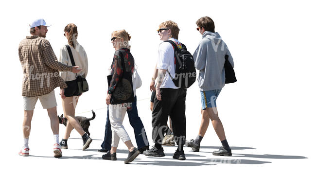 cut out backlit group of young people and a dog walking