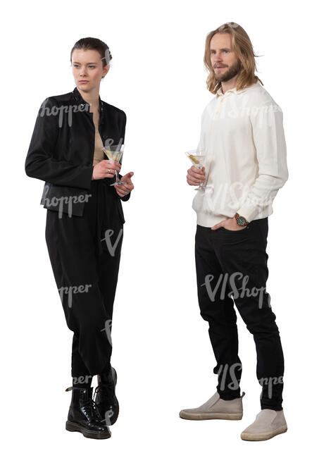 cut out man and woman standing and drinking cocktails