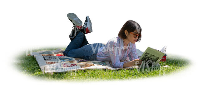 cut out woman lying in tree shade and reading a book