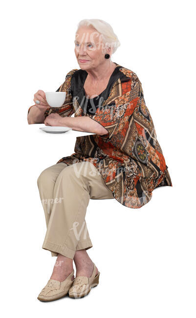 cut out elderly lady siting in a cafe and drinking coffee