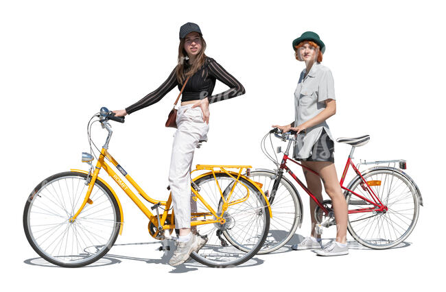 two cut out teenage girls with bikes standing