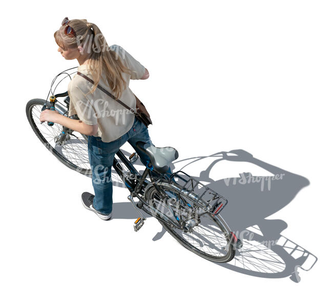 young woman with a bike seen from above