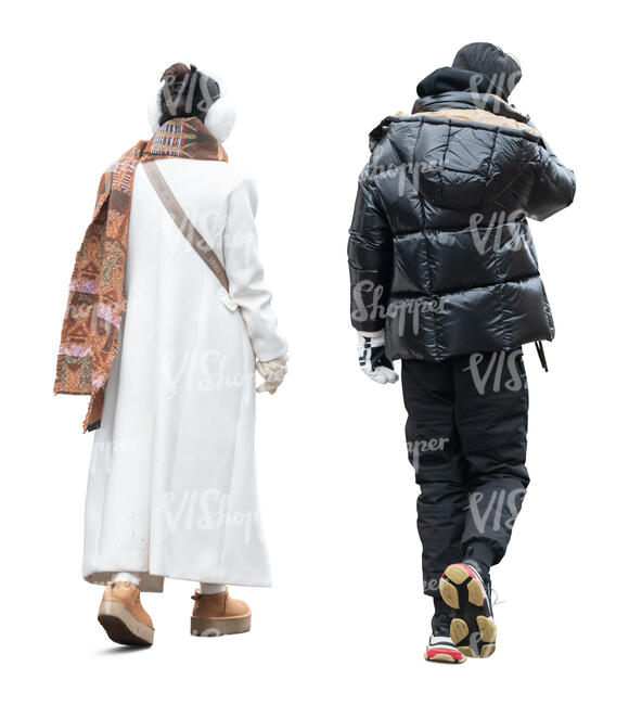 cut out asian man and woman walking in winter