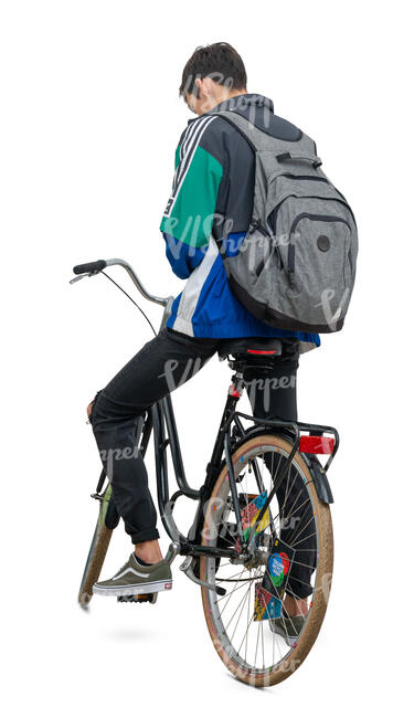 cut out young man with a backpack with a bike standing