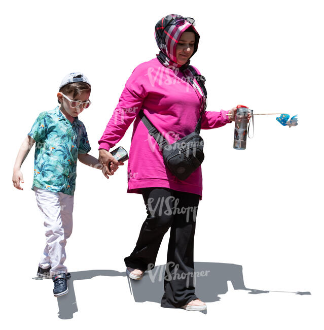 cut out middle eastern woman walking down the stairs with her son